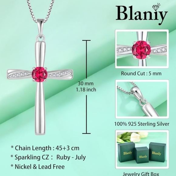 925 Sterling Silver Ruby Cross Necklace - Picture 2 of 5
